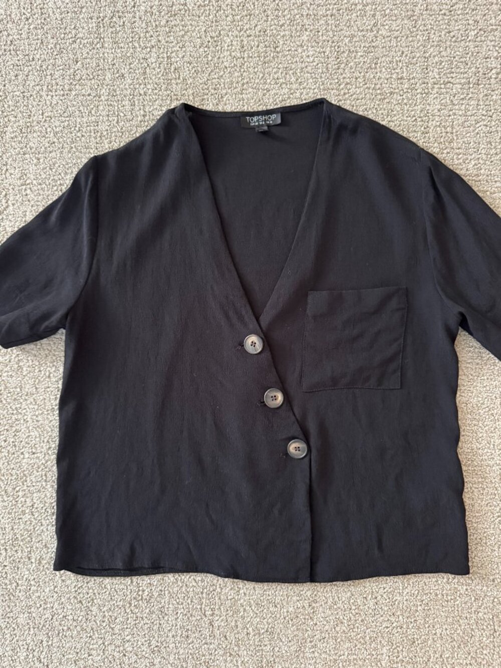 Topshop Crossover Button Short Sleeve V-Neck Shirt, Black, Size 6